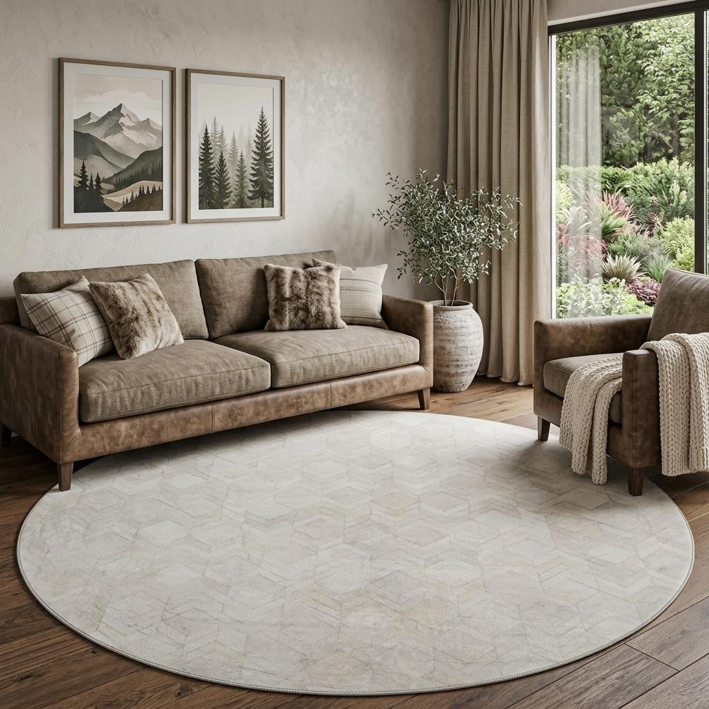 8 Ivory And Gray Geometric Washable Round Rug With UV Protection