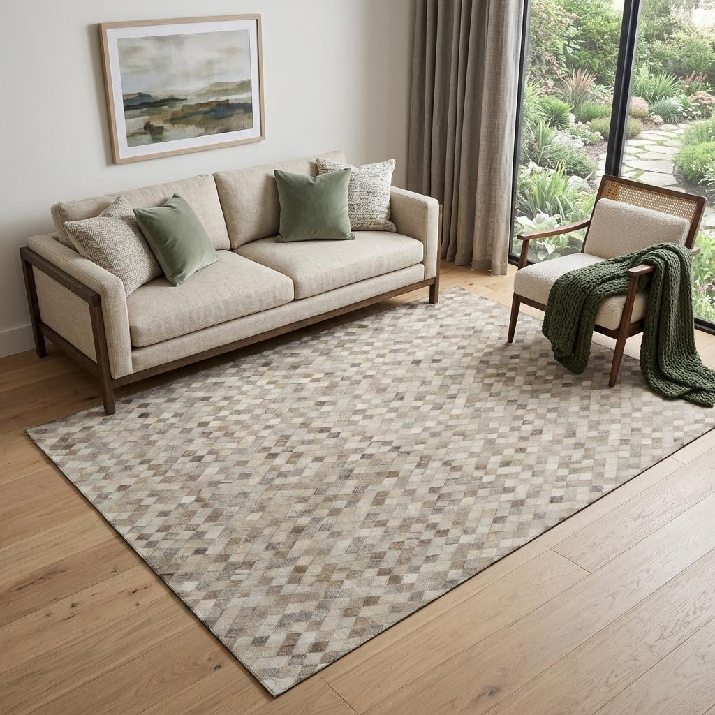 5 X 8 Gray Ivory And Beige Diamond Washable Area Rug With UV Protection