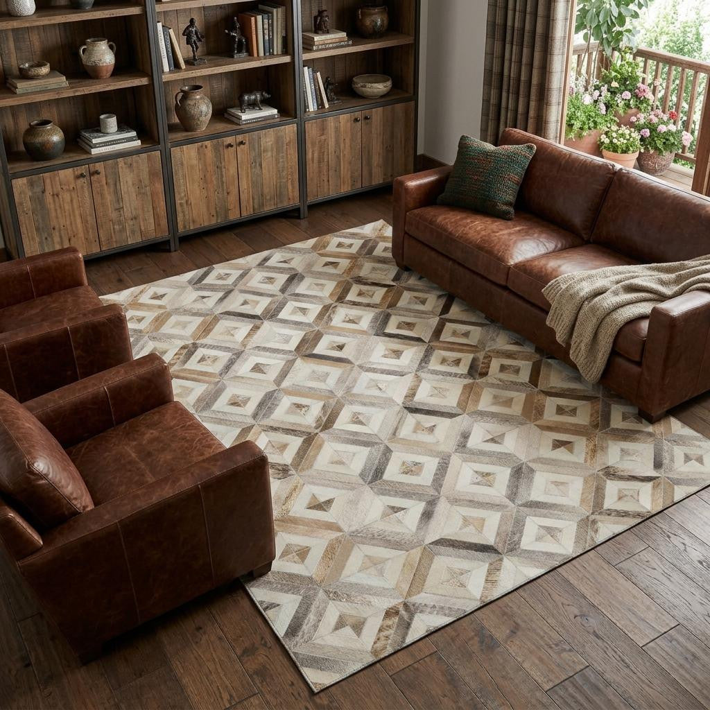 8 X 10 Gray Brown And Ivory Diamond Washable Area Rug With UV Protection