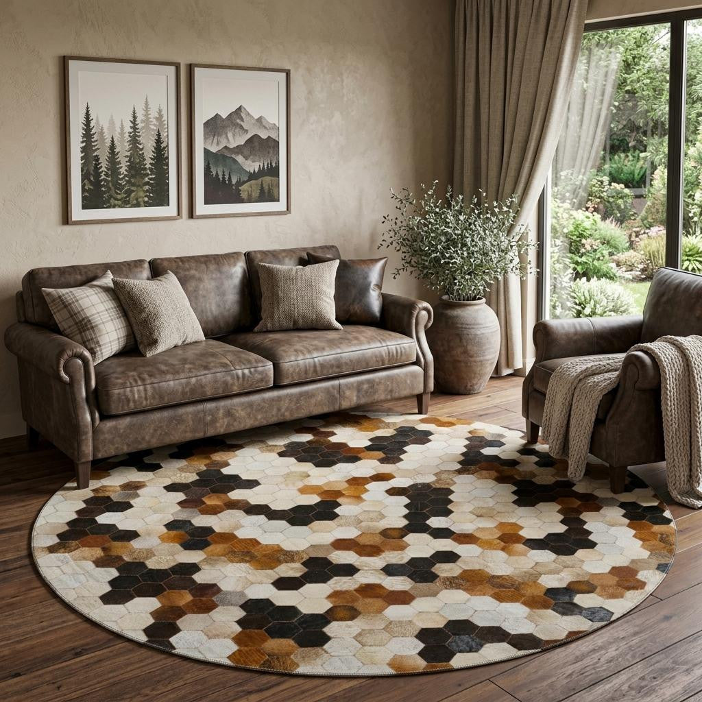 8 Black Brown And Ivory Geometric Washable Round Rug With UV Protection