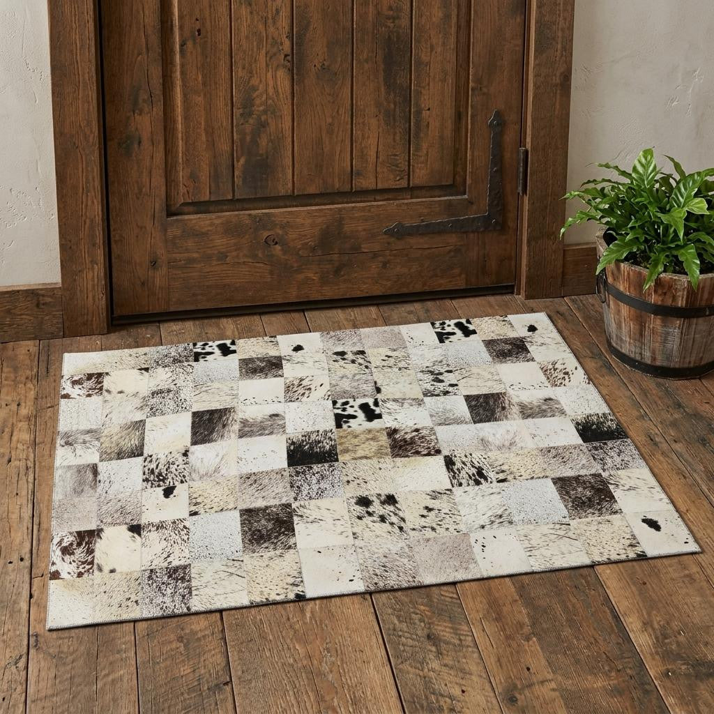 3 X 5 Black Granite Gray And Ivory Cowhide Print Washable Area Rug With UV Protection