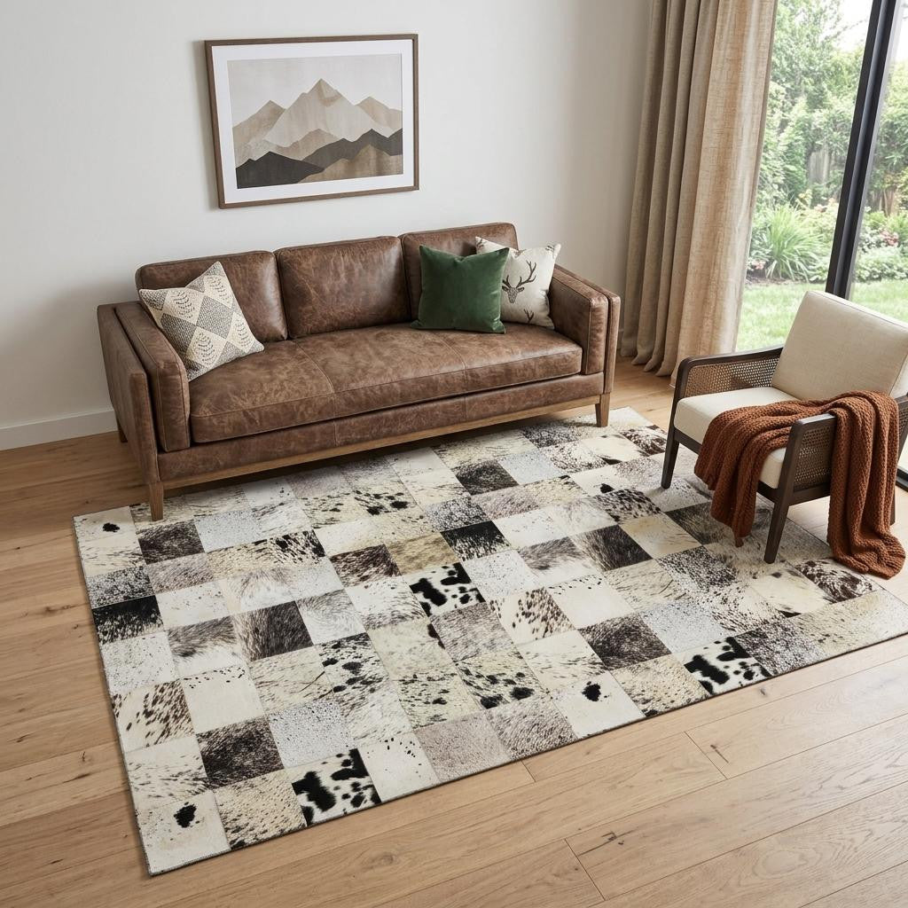 5 X 8 Granite Gray Ivory And Black Patchwork Washable Area Rug With UV Protection