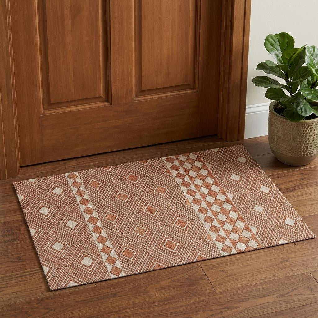 3 X 5 Burnt Sienna And Ivory Tribal Washable Area Rug With UV Protection