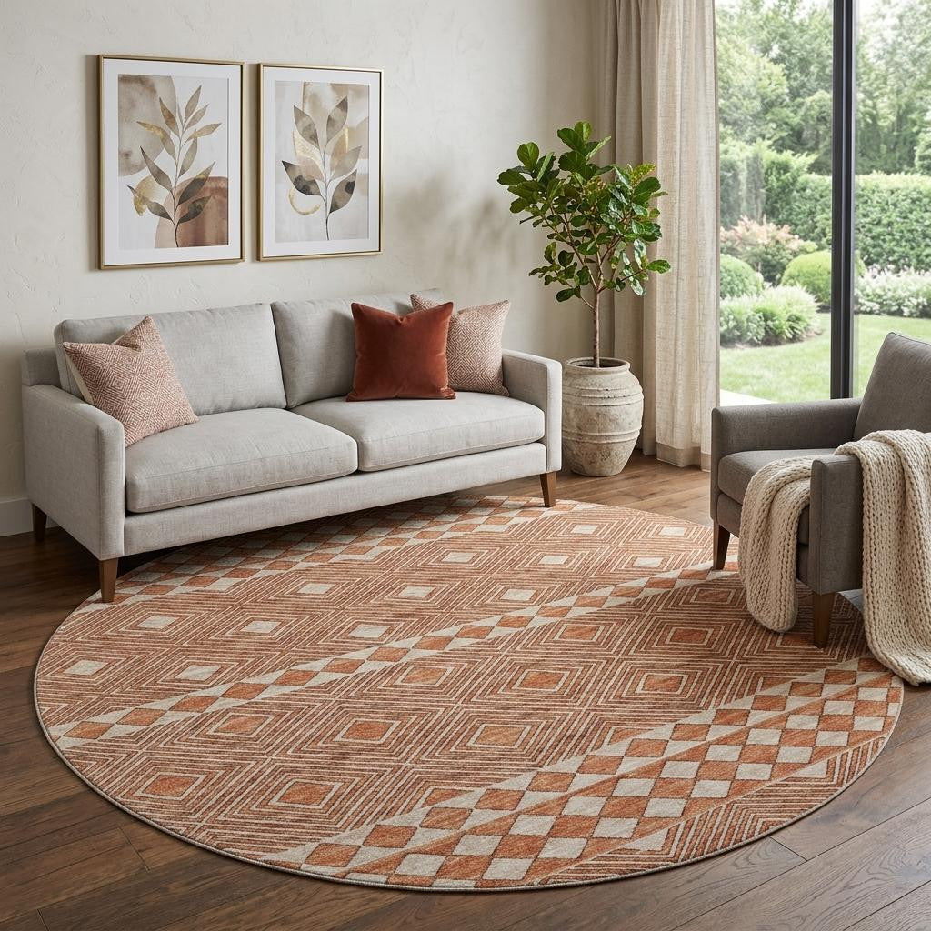8 Burnt Sienna And Ivory Geometric Washable Round Rug With UV Protection
