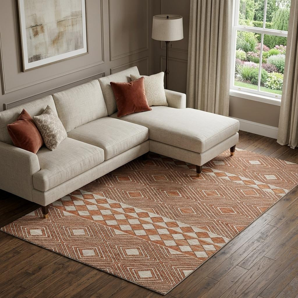 9 X 12 Burnt Sienna And Ivory Geometric Washable Area Rug With UV Protection