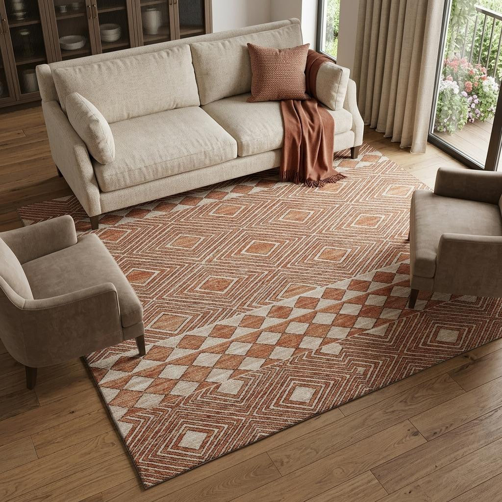 10 X 14 Burnt Sienna And Ivory Tribal Washable Area Rug With UV Protection