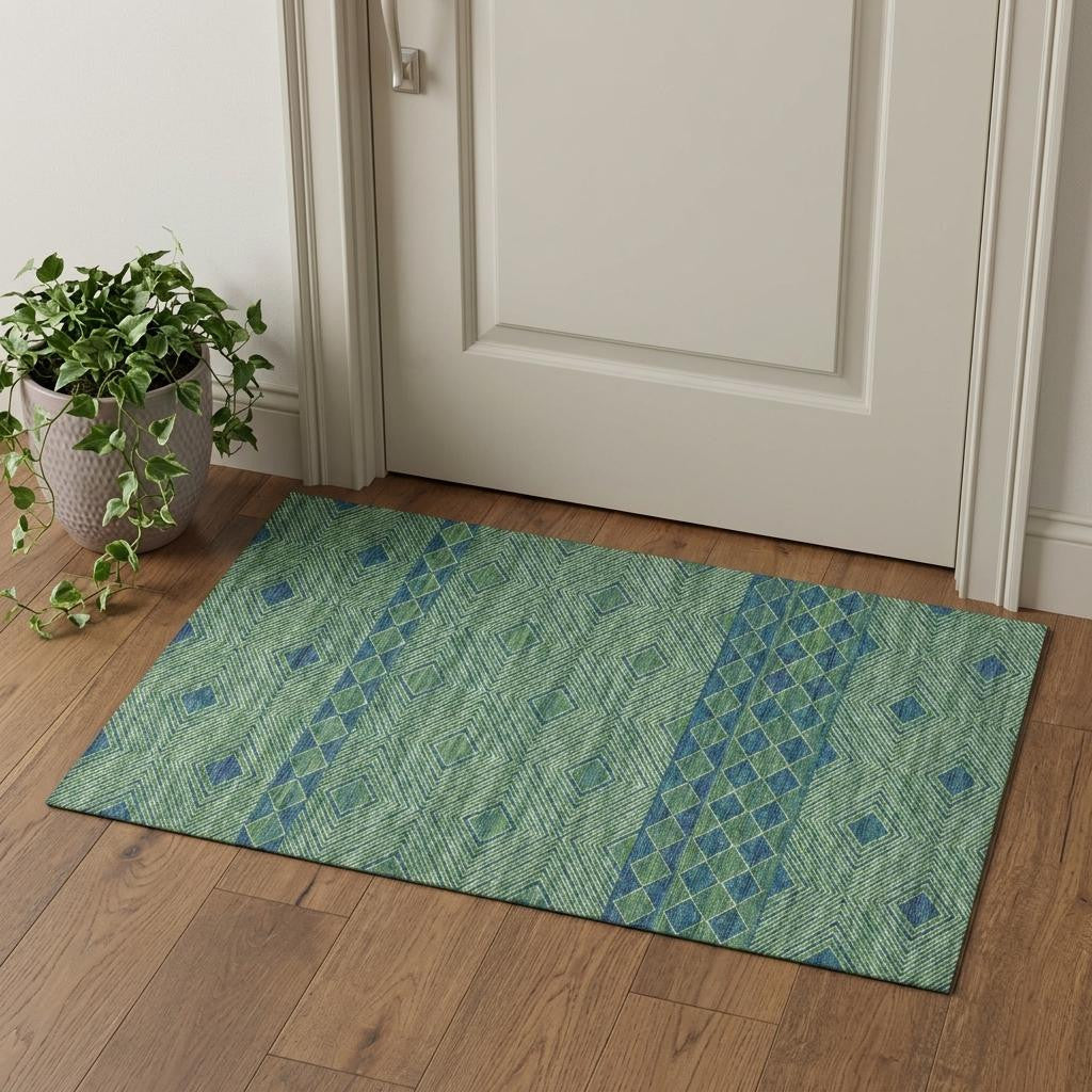 3 X 5 Green And Navy Blue Tribal Washable Area Rug With UV Protection