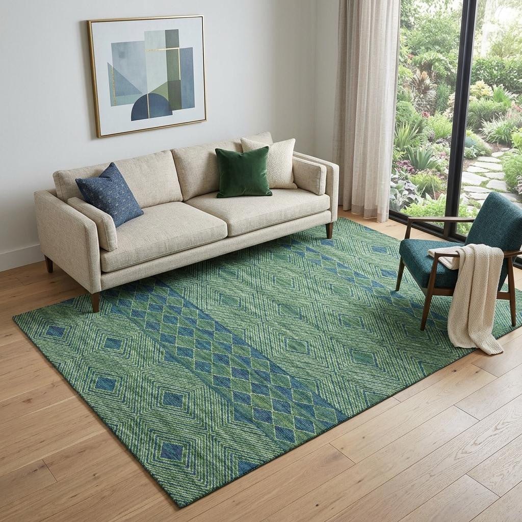 5 X 8 Green And Navy Blue Geometric Washable Area Rug With UV Protection