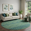 8 Green And Navy Blue Geometric Washable Round Rug With UV Protection