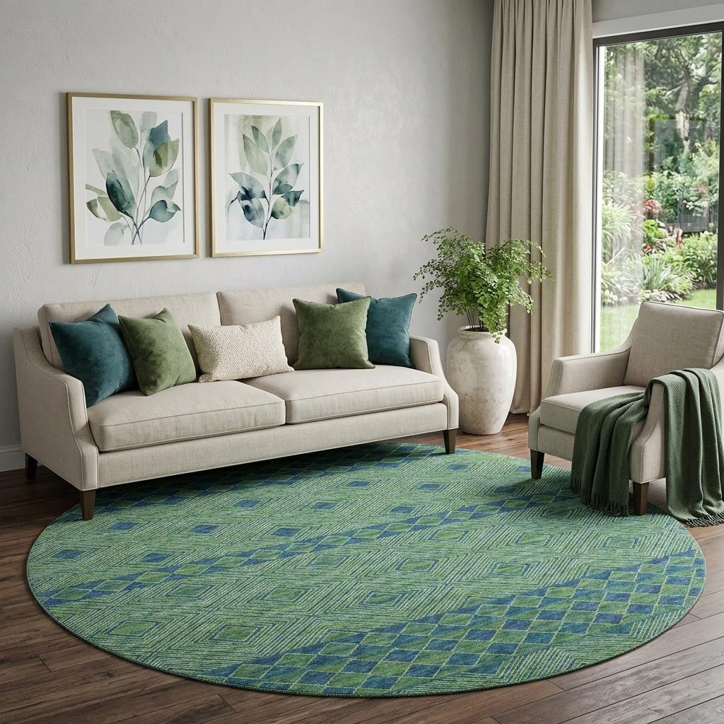 8 Green And Navy Blue Geometric Washable Round Rug With UV Protection