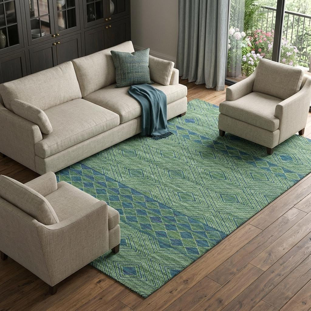 8 X 10 Green And Navy Blue Geometric Washable Area Rug With UV Protection