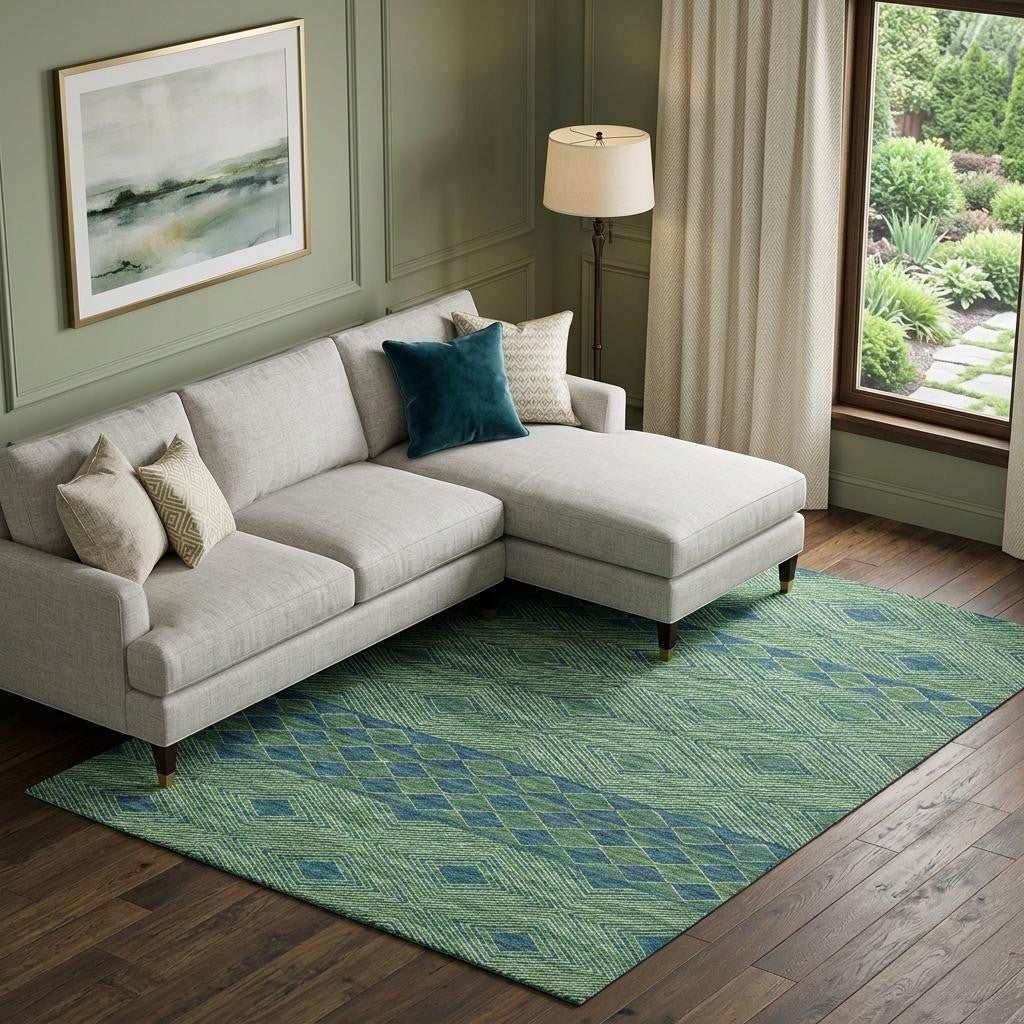 9 X 12 Green And Navy Blue Geometric Washable Area Rug With UV Protection