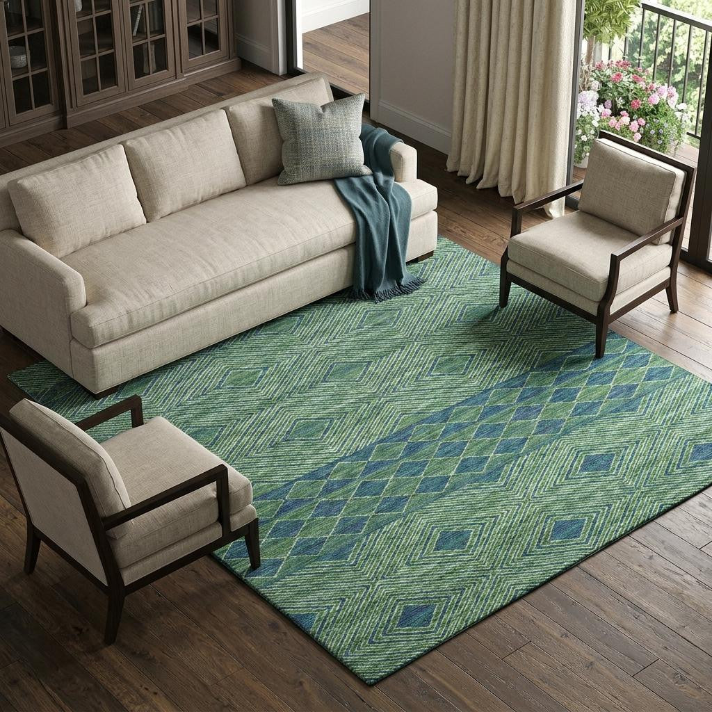 10 X 14 Green And Navy Blue Geometric Washable Area Rug With UV Protection