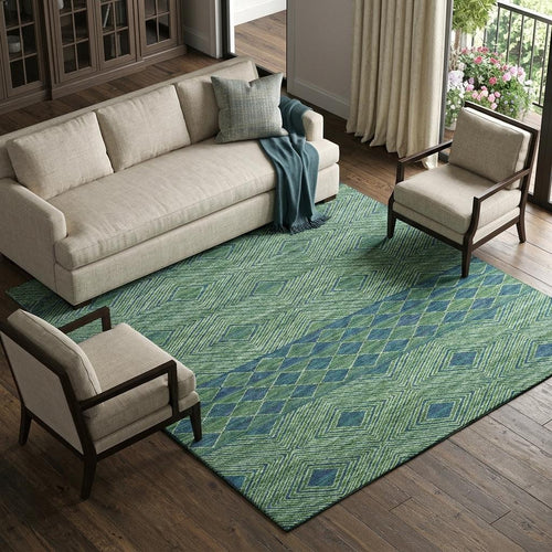 10 X 14 Green And Navy Blue Geometric Washable Area Rug With UV Protection