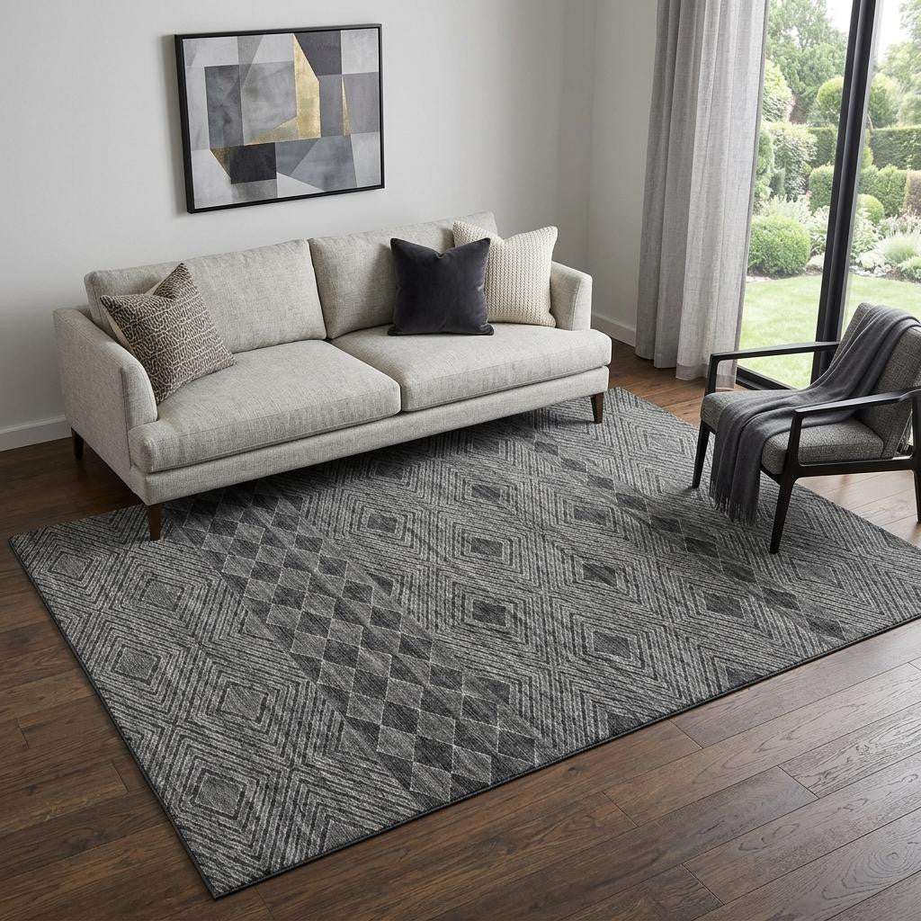 5 X 8 Gray And Black Geometric Washable Area Rug With UV Protection