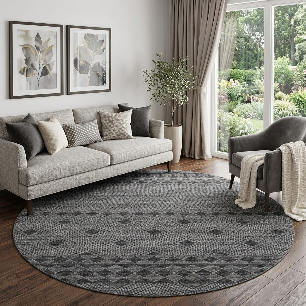 8 Gray And Black Geometric Washable Round Rug With UV Protection