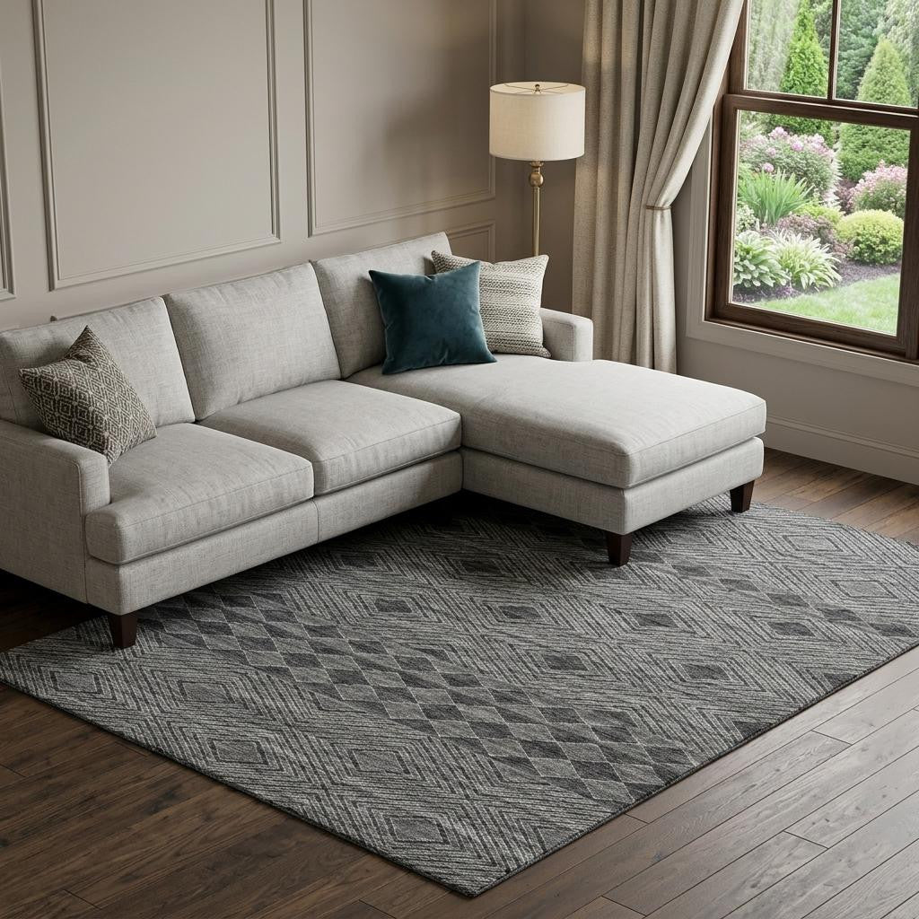 8 X 10 Gray And Black Geometric Washable Area Rug With UV Protection