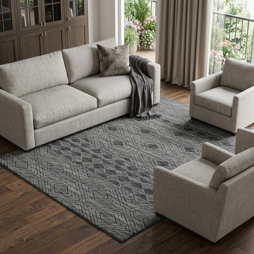 10 X 14 Gray And Black Geometric Washable Area Rug With UV Protection