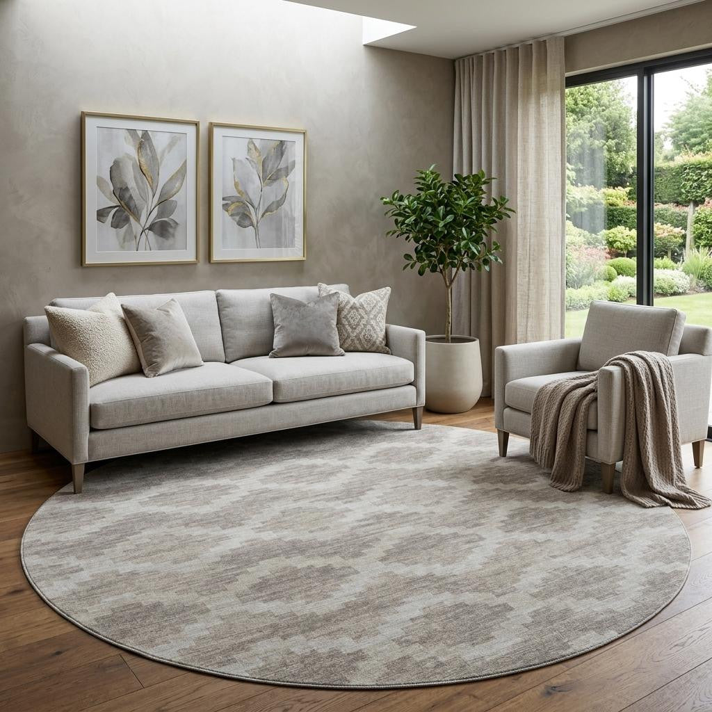 8 Tan Ivory And Beige Tribal Washable Round Rug With UV Protection