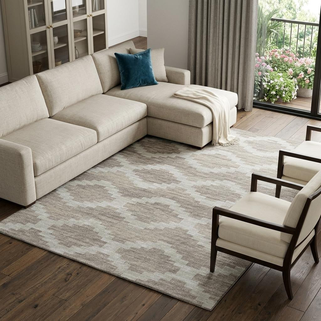 8 X 10 Tan Ivory And Beige Tribal Washable Area Rug With UV Protection