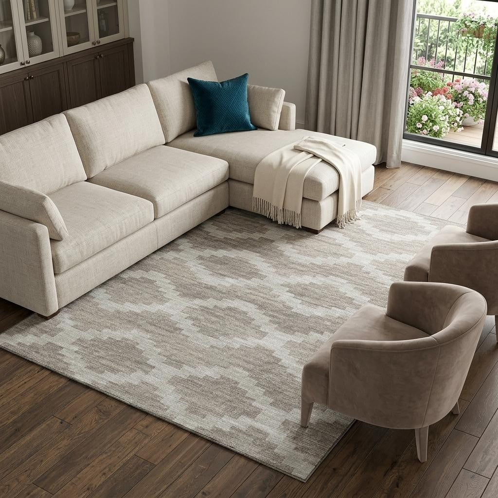 9 X 12 Tan Ivory And Beige Tribal Washable Area Rug With UV Protection