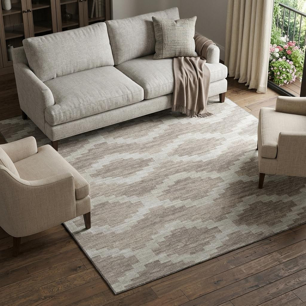 10 X 14 Tan Ivory And Beige Tribal Washable Area Rug With UV Protection