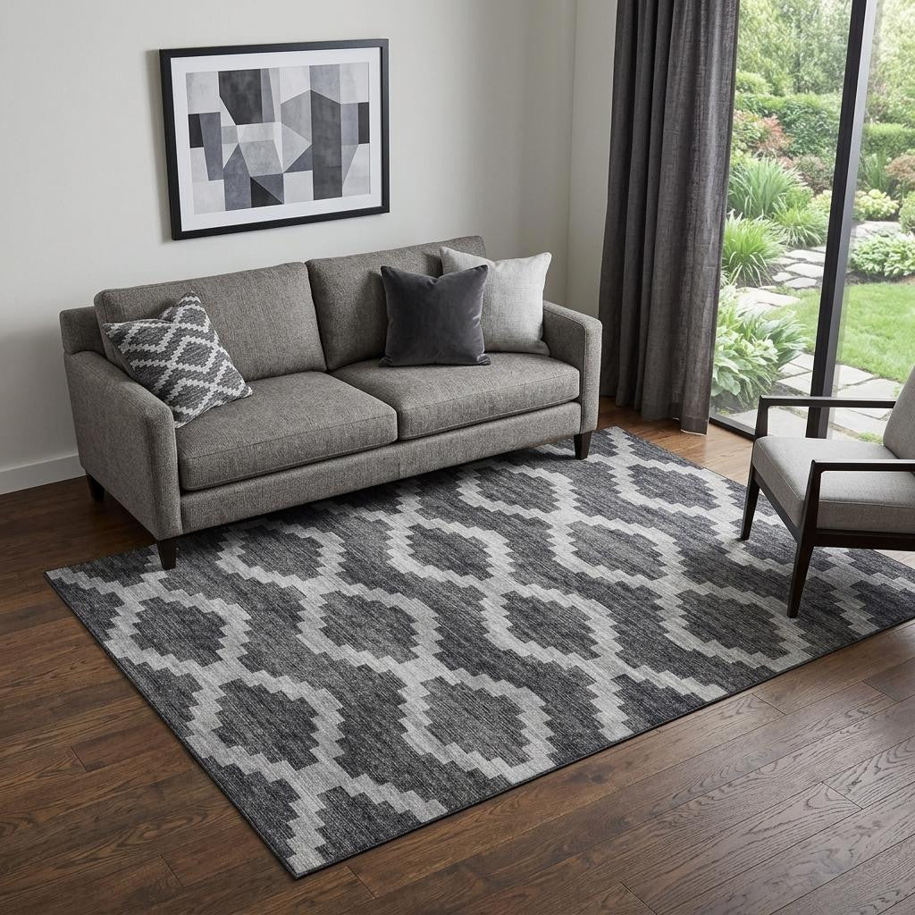 5 X 8 Gray Ivory And Charcoal Tribal Washable Area Rug With UV Protection