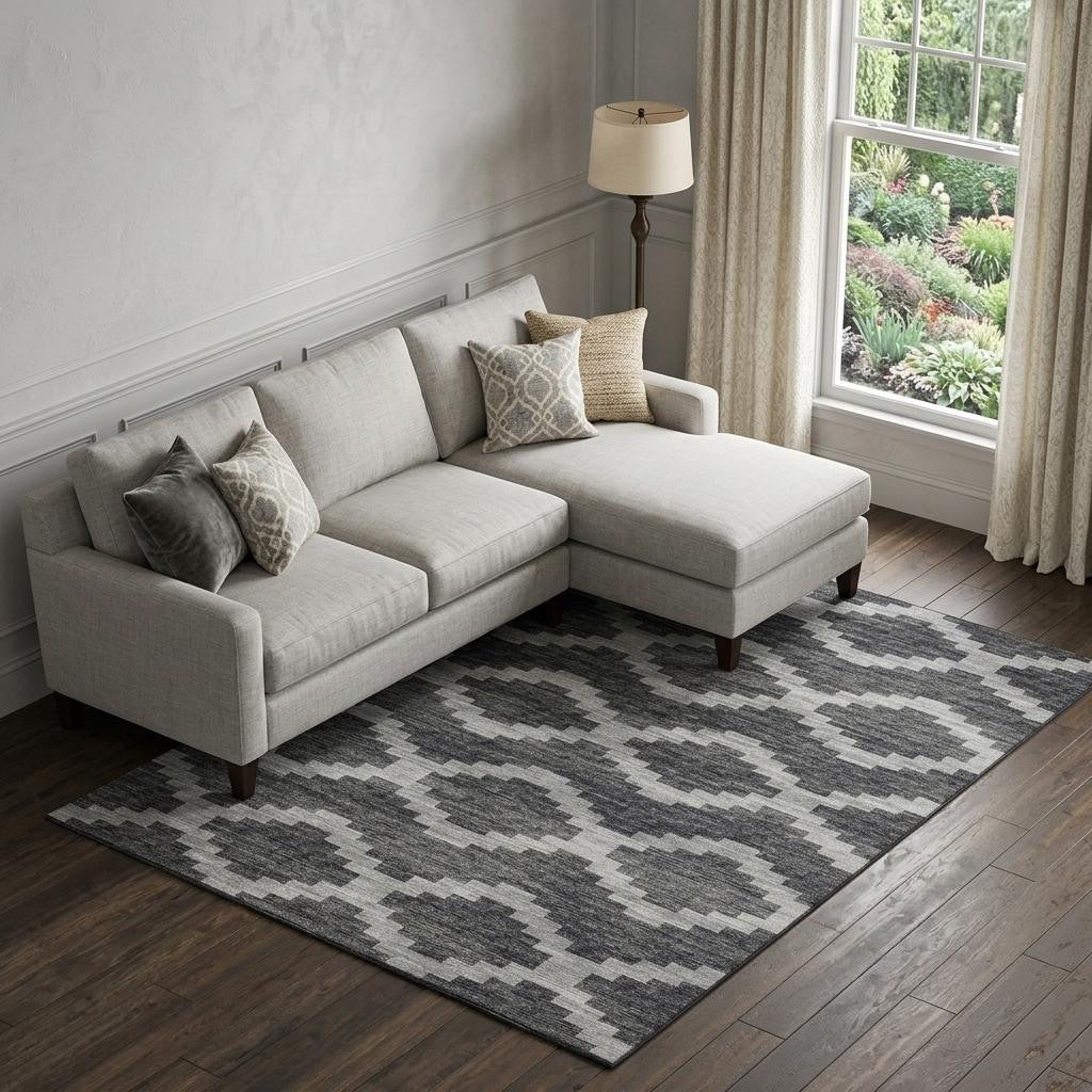 8 X 10 Gray Ivory And Charcoal Tribal Washable Area Rug With UV Protection