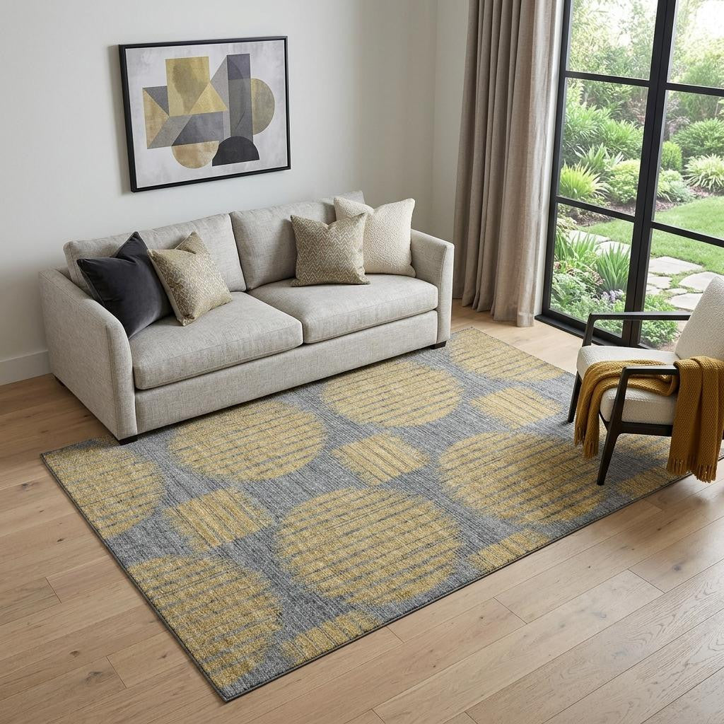 5 X 8 Gold And Gray Geometric Distressed Washable Area Rug With UV Protection