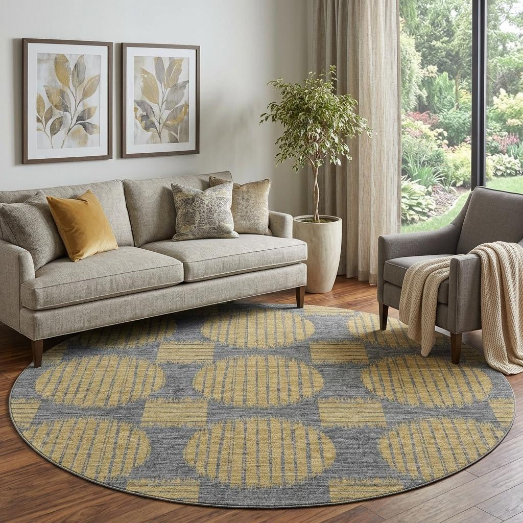 8 Gold And Gray Geometric Washable Round Rug With UV Protection