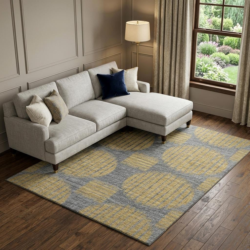 9 X 12 Gold And Gray Geometric Washable Area Rug With UV Protection