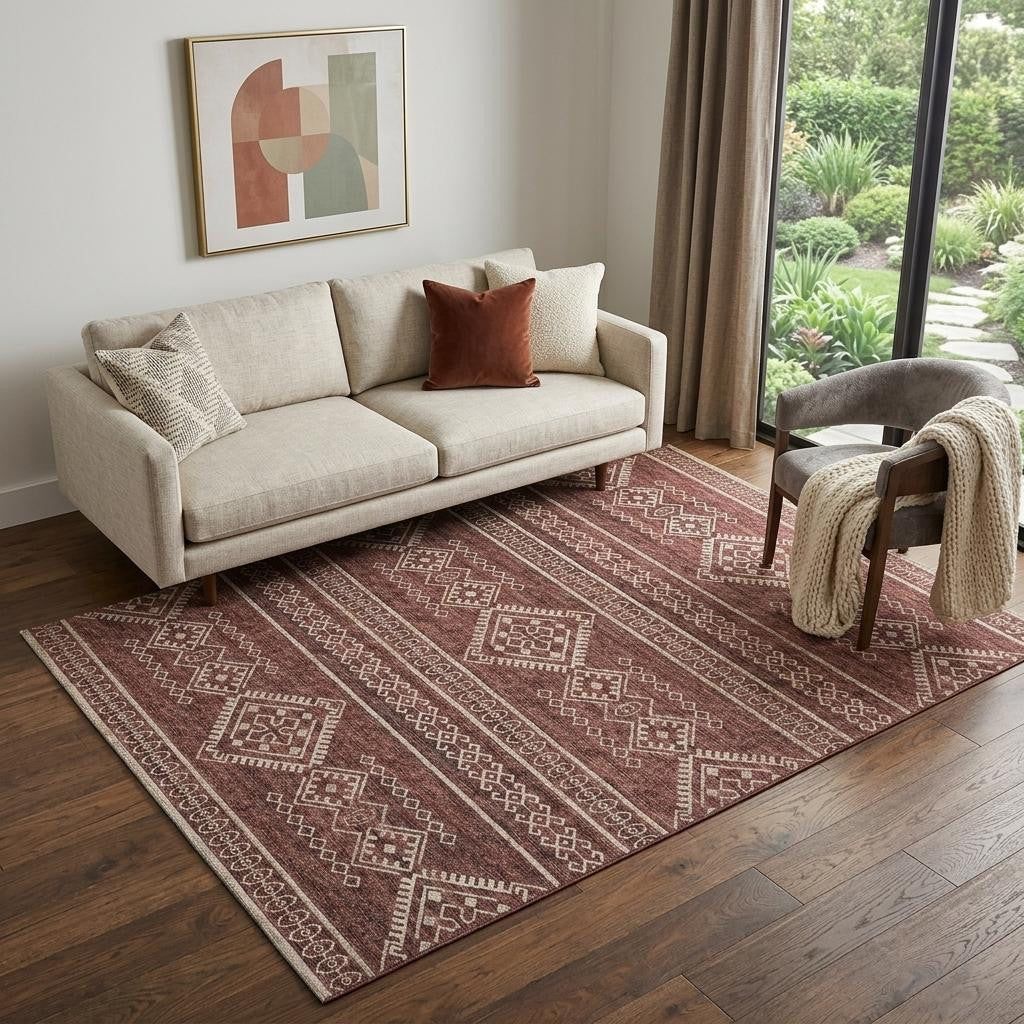 5 X 8 Burnt Sienna And Ivory Tribal Distressed Washable Area Rug With UV Protection