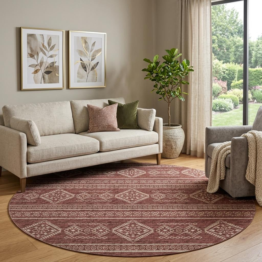 8 Burnt Sienna And Ivory Tribal Distressed Washable Round Rug With UV Protection