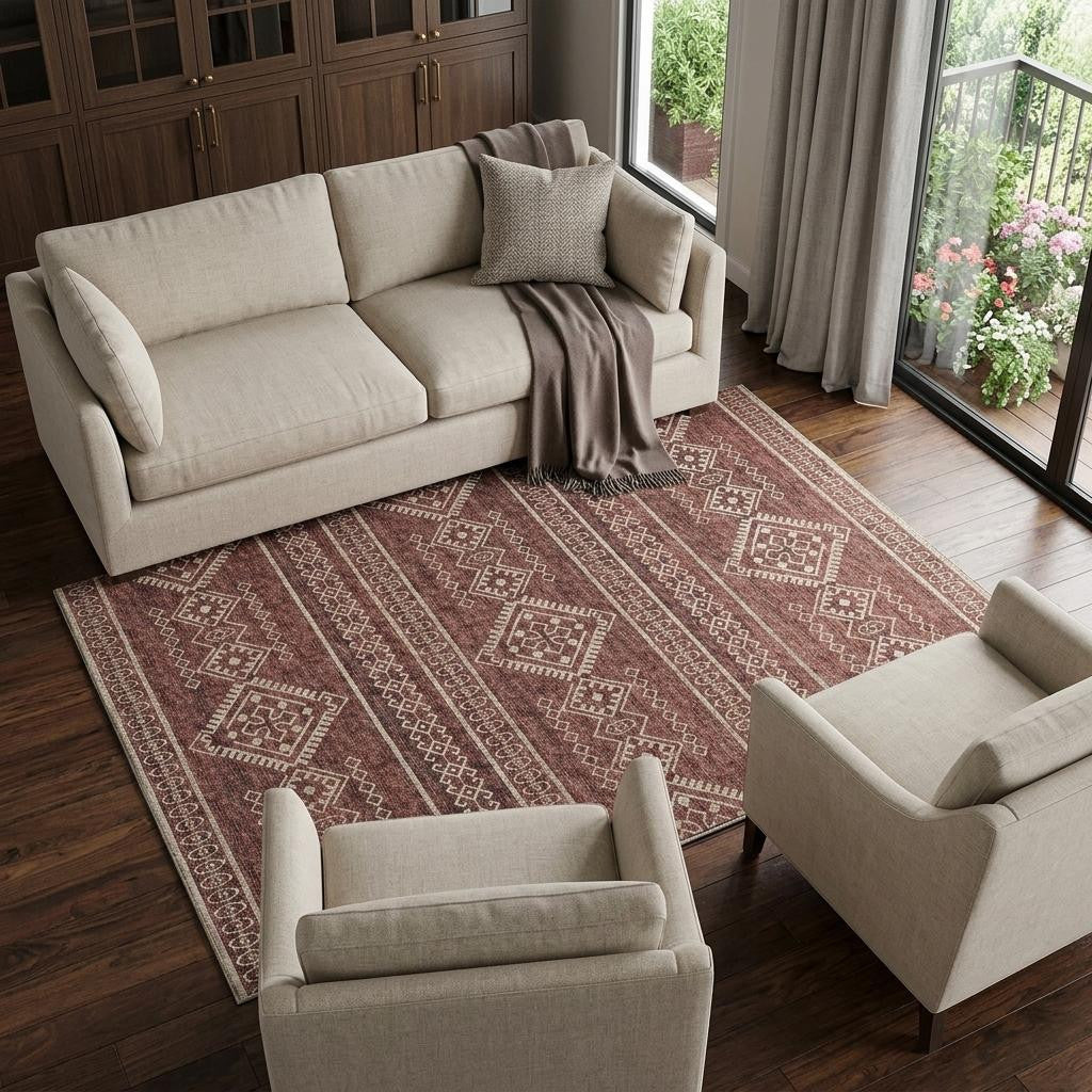 9 X 12 Burnt Sienna And Ivory Tribal Washable Area Rug With UV Protection