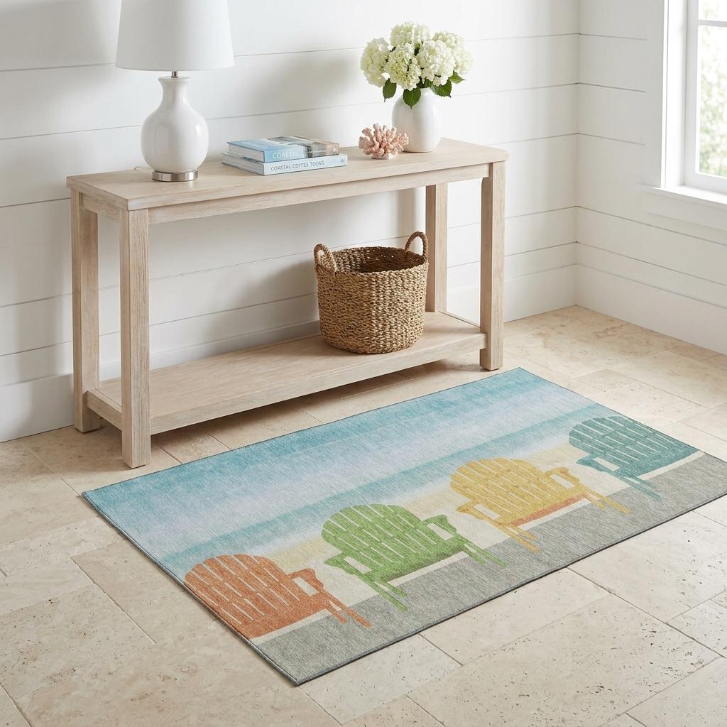 3 X 5 Aqua And Green Adirondack Chairs Washable Area Rug With UV Protection