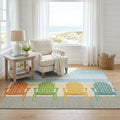 5 X 8 Aqua Green And Orange Nautical Washable Area Rug With UV Protection