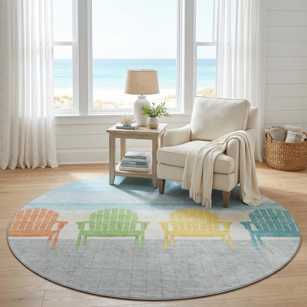 8 Aqua Green And Orange Nautical Washable Round Rug With UV Protection