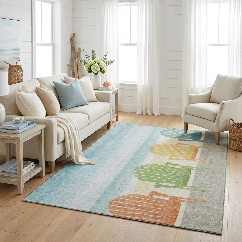 8 X 10 Aqua Green And Orange Nautical Washable Area Rug With UV Protection