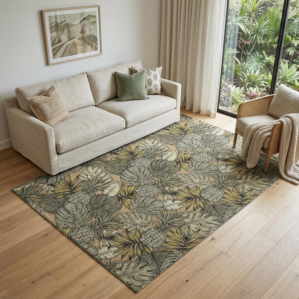5 X 8 Khaki Gray And Yellow Geometric Washable Area Rug With UV Protection