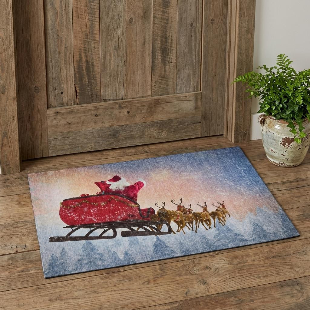 3 X 5 Blue Red And Brown Christmas Santa Claus Washable Area Rug With UV Protection