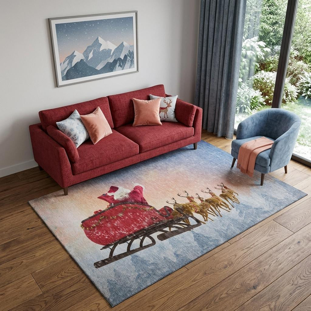 5 X 8 Blue Red And Brown Christmas Santa Claus Washable Area Rug With UV Protection