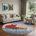 8 Blue Red And Brown Christmas Santa Claus Distressed Washable Round Rug With UV Protection