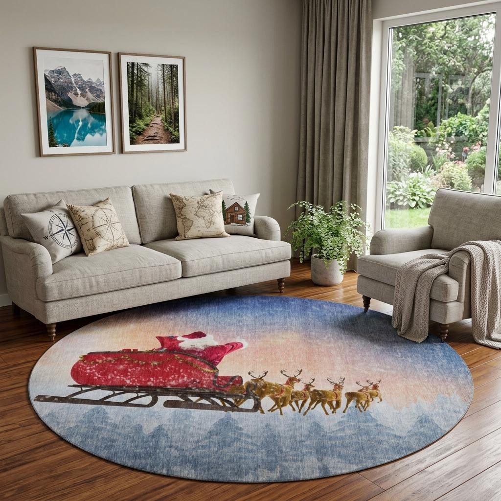 8 Blue Red And Brown Christmas Santa Claus Distressed Washable Round Rug With UV Protection
