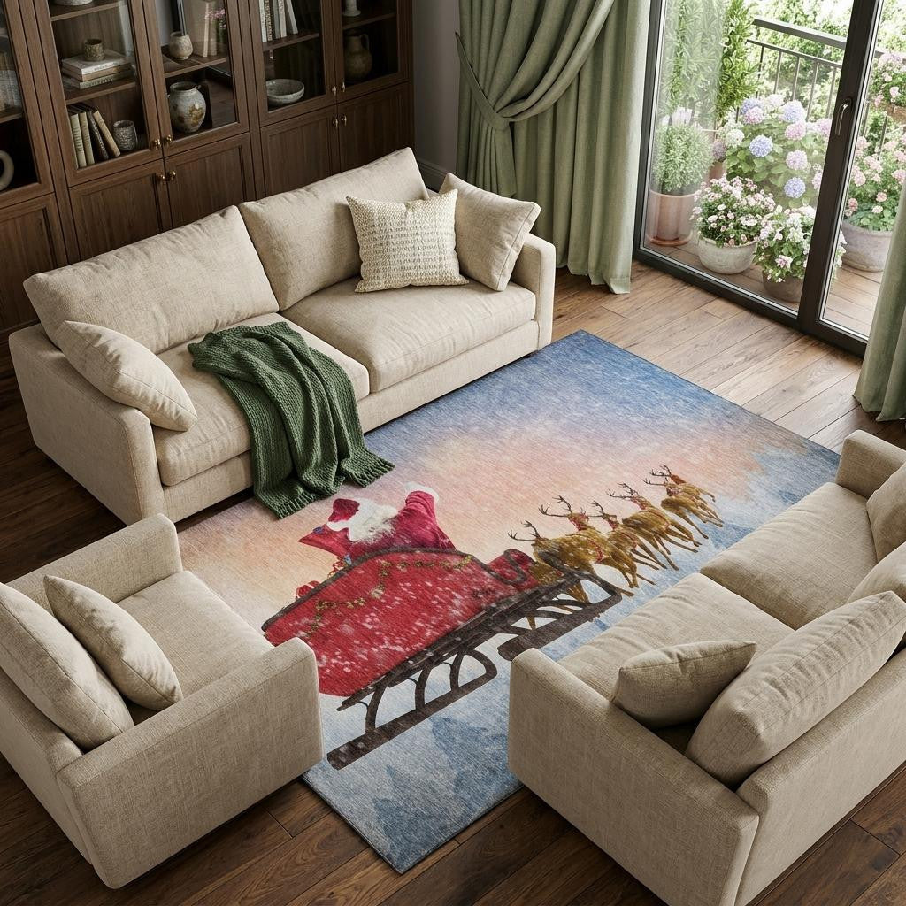 8 X 10 Blue Red And Brown Christmas Santa Claus Washable Area Rug With UV Protection
