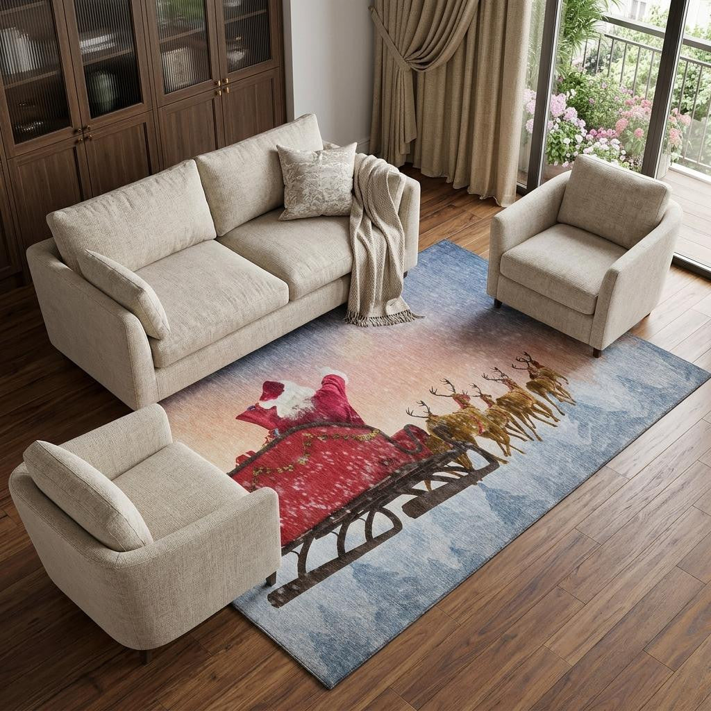 9 X 12 Blue Red And Brown Christmas Santa Claus Distressed Washable Area Rug With UV Protection