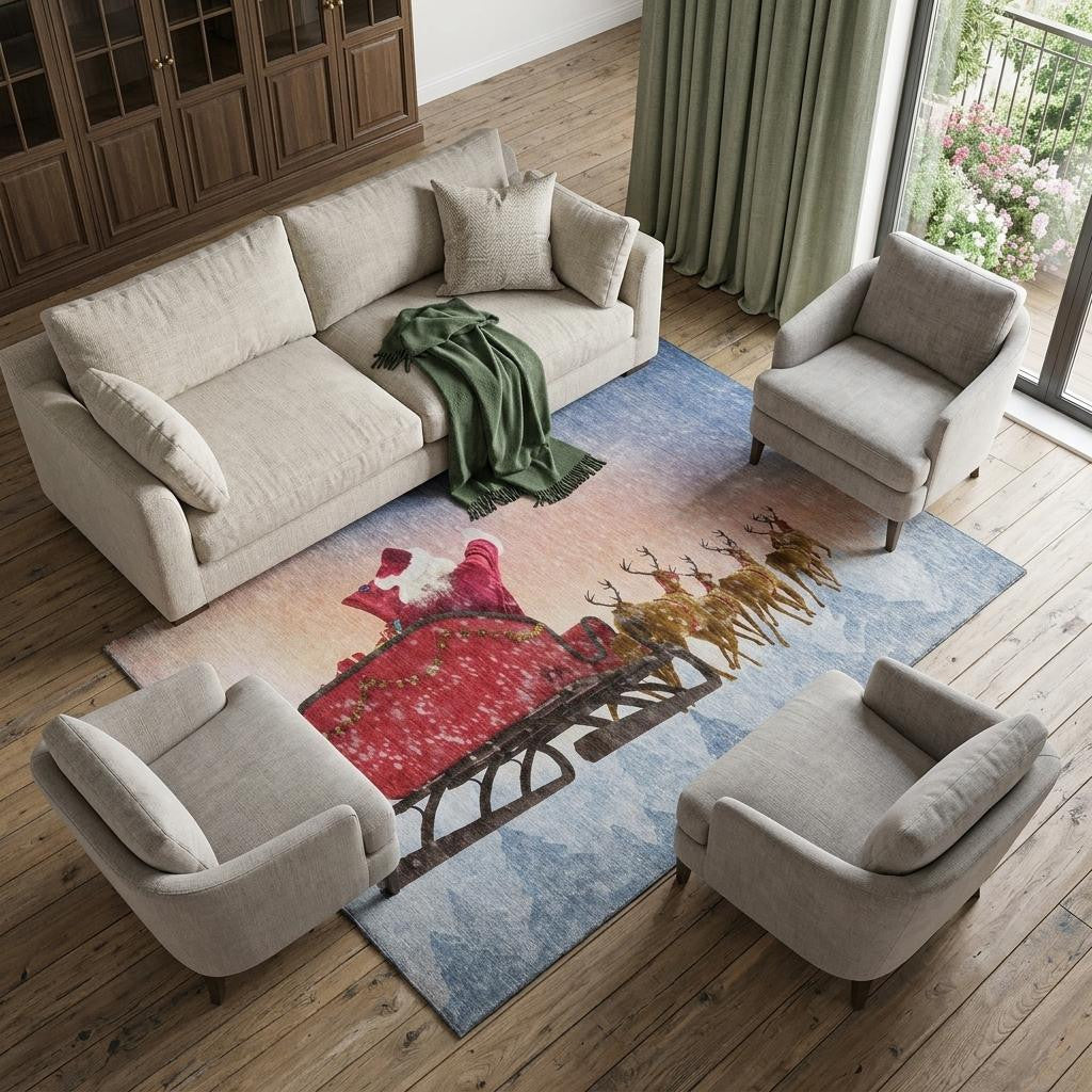 10 X 14 Blue Red And Brown Christmas Santa Claus Distressed Washable Area Rug With UV Protection