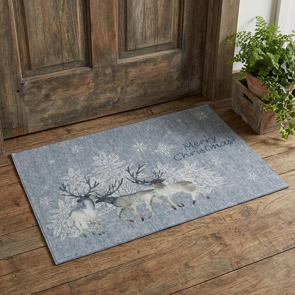 3 X 5 Gray Ivory And Blue Christmas Deer Washable Area Rug With UV Protection