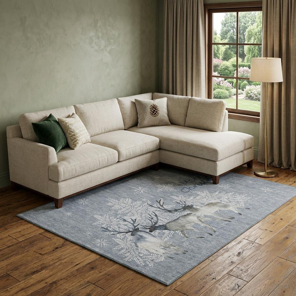 9 X 12 Gray Ivory And Blue Christmas Deer Washable Area Rug With UV Protection