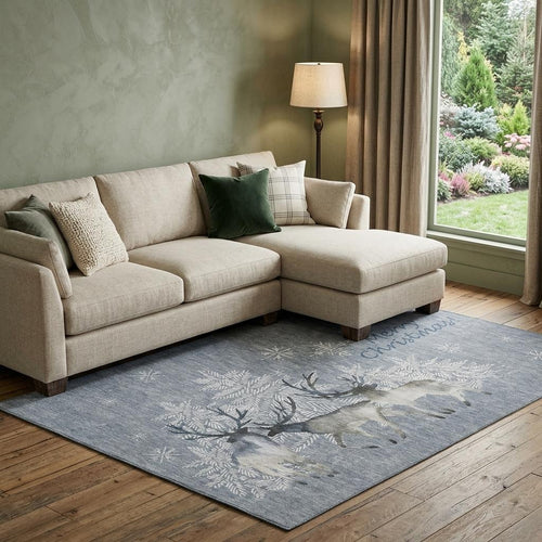 10 X 14 Gray Ivory And Blue Christmas Deer Washable Area Rug With UV Protection