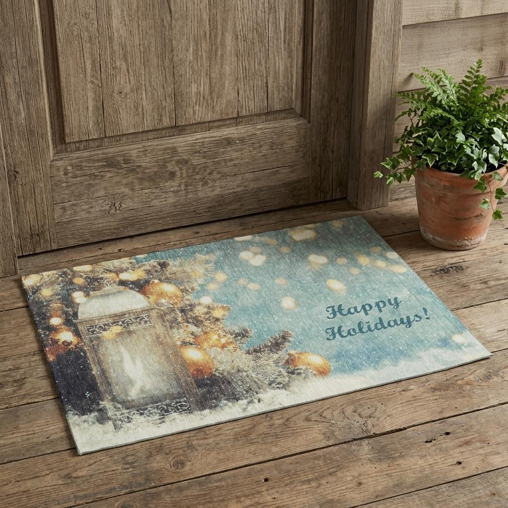 3 X 5 Blue Gold And Ivory Christmas Distressed Washable Area Rug With UV Protection